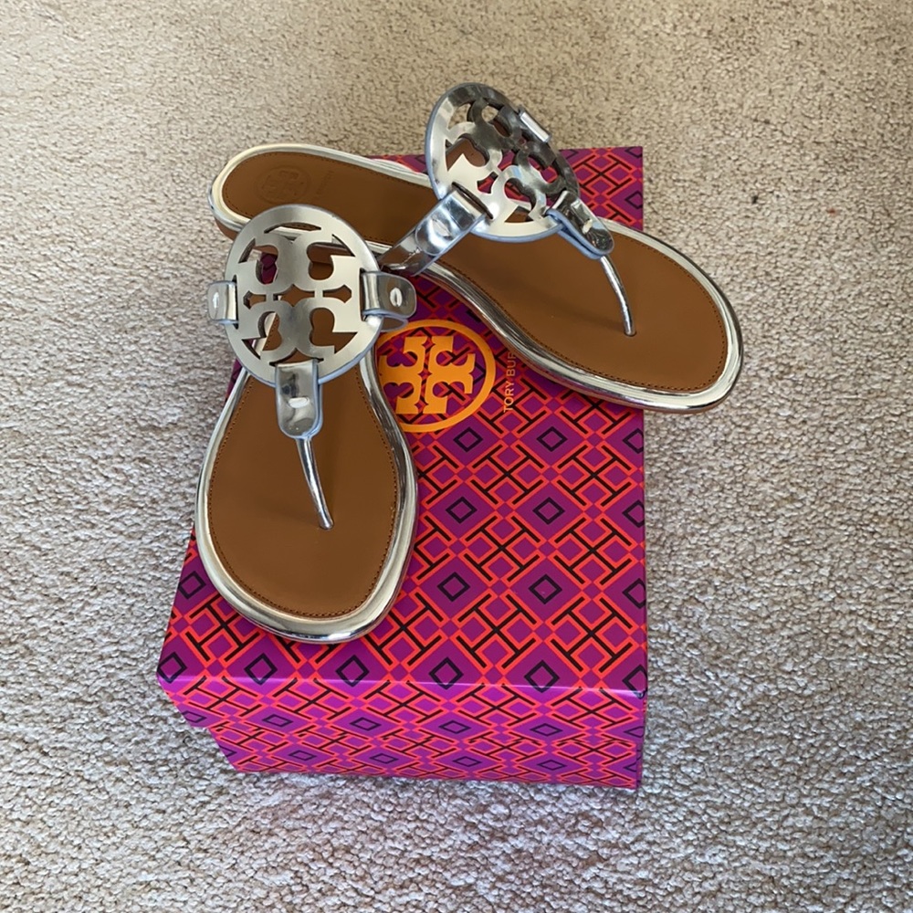 New Silver Tory Burch Miller Metallic Sandals 7